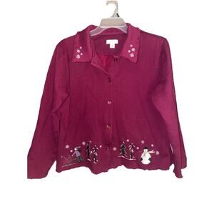 Christopher Banks Holiday Christmas Maroon Button-Up Cardigan with Embroidery XL